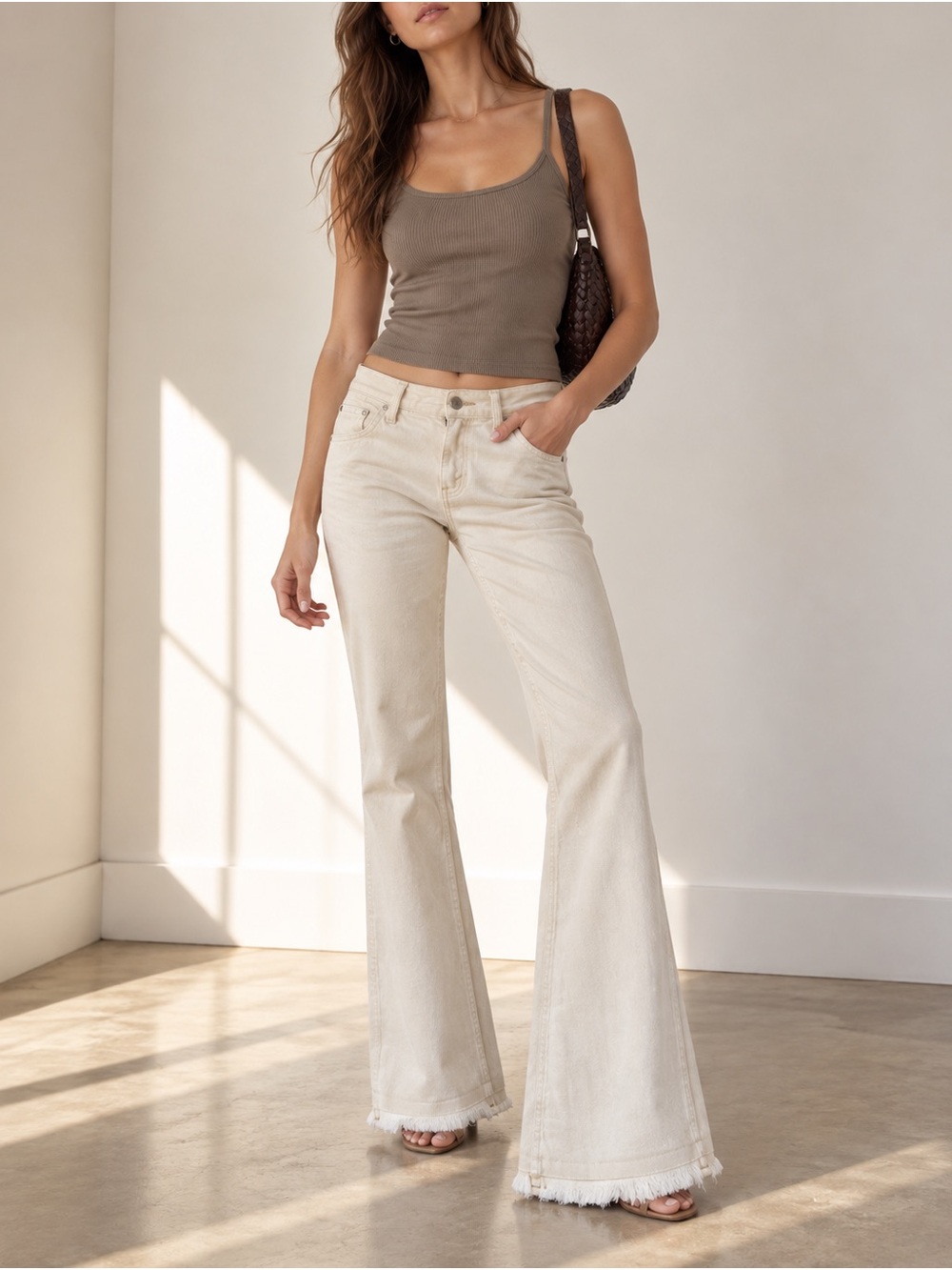 Free People Ivory Mid Rise Flare Frayed Hem Stretch Denim Jeans Size 25